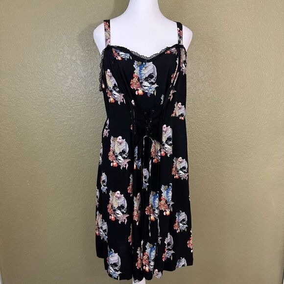 Tripp Women's 2X Corset Slip Dress Black Skull Koi Fish Print Lace Trim Gothic - Picture 1 of 7
